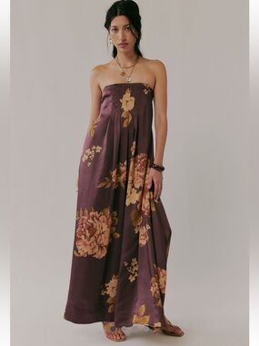 Free People Botanical Strapless Maxi Dress in Wine Floral Combo